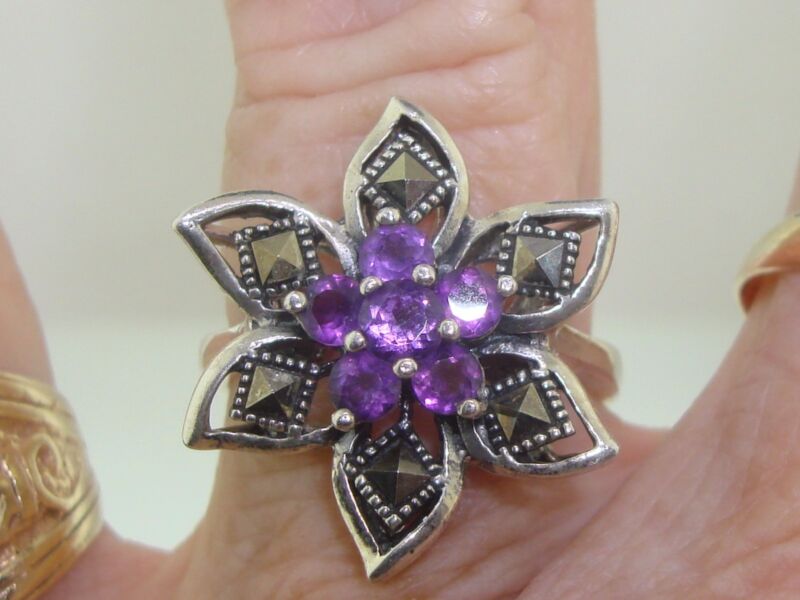 Vintage sterling silver ring with amethyst and marcasite accents