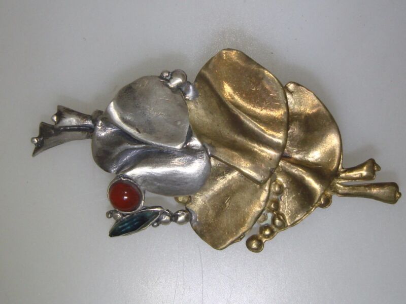 Vintage sterling silver and gold-tone carnelian floral pin
