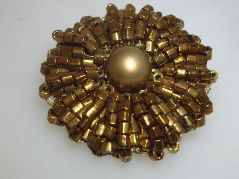 Vintage 1950s copper iridescent bugle bead pin with brass and faux pearl accents.