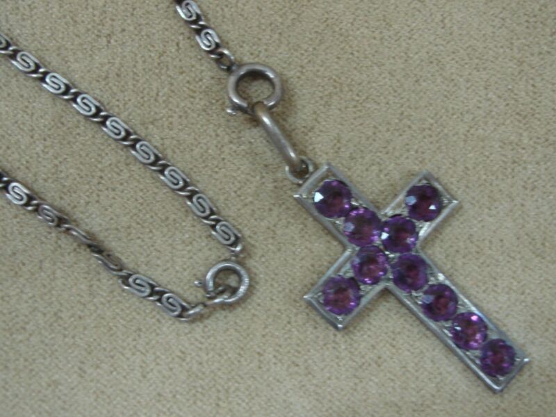Vintage Art Deco sterling silver amethyst cross pendant necklace
