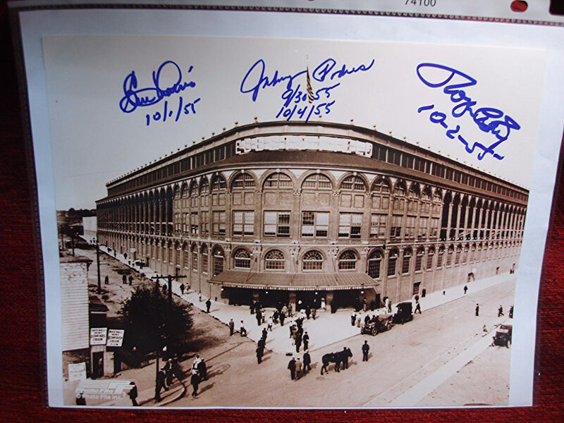Vintage sepia-toned photo of Ebbets Field, Brooklyn Dodgers autographs