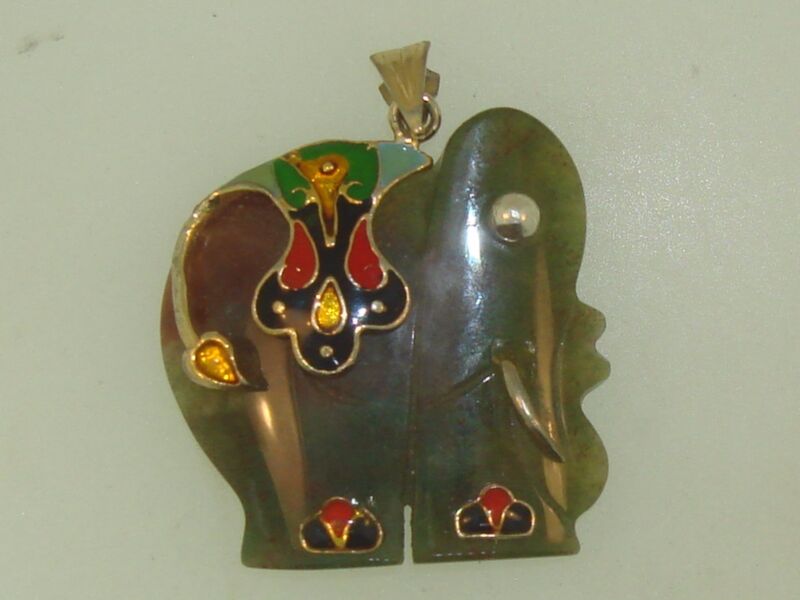 Vintage jade elephant pendant with cloisonne enamel