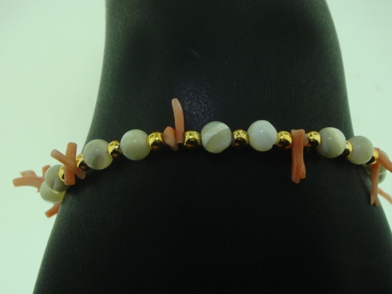 Vintage mother of pearl and branch coral bracelet with gold tone accents