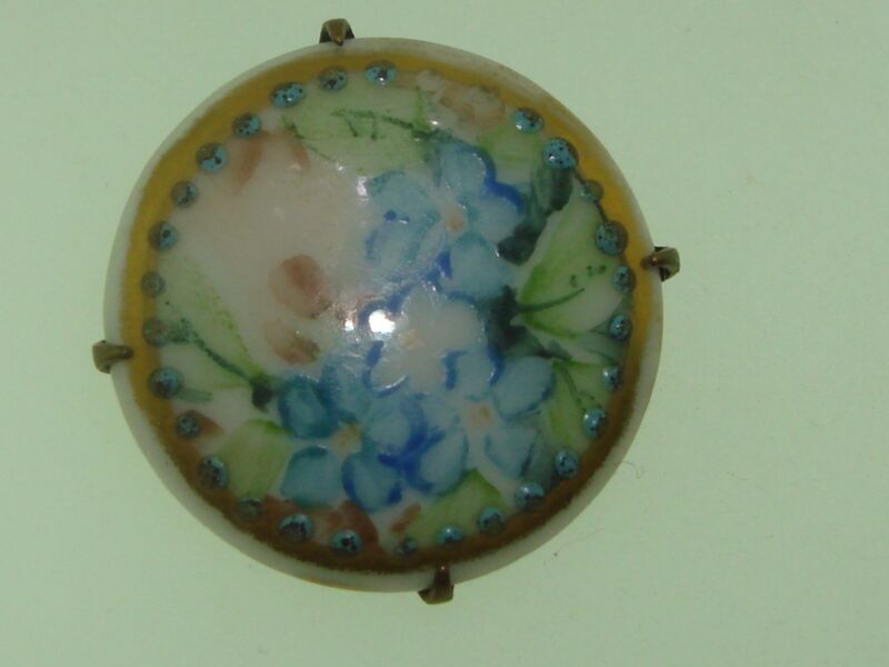 Antique hand-painted porcelain forget me knots pin with vintage gold trim