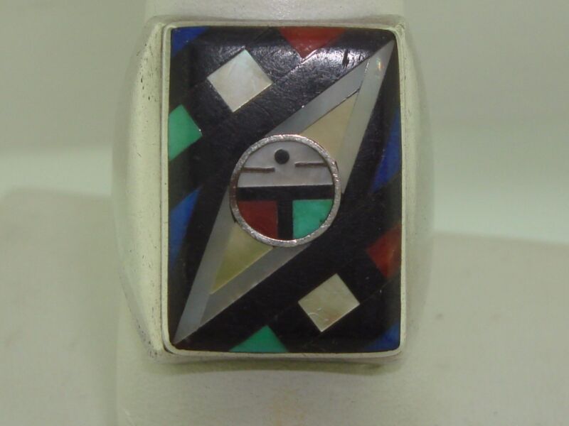 Vintage Zuni E. Ohmsattee Sterling Silver Multi-Stone Inlay Ring (Size 12)