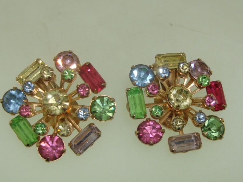 Vintage 1950s foiled rhinestone clip-on earrings in pink, blue, green, and mauve