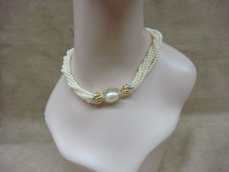 Elegant six-strand faux pearl and rhinestone choker necklace