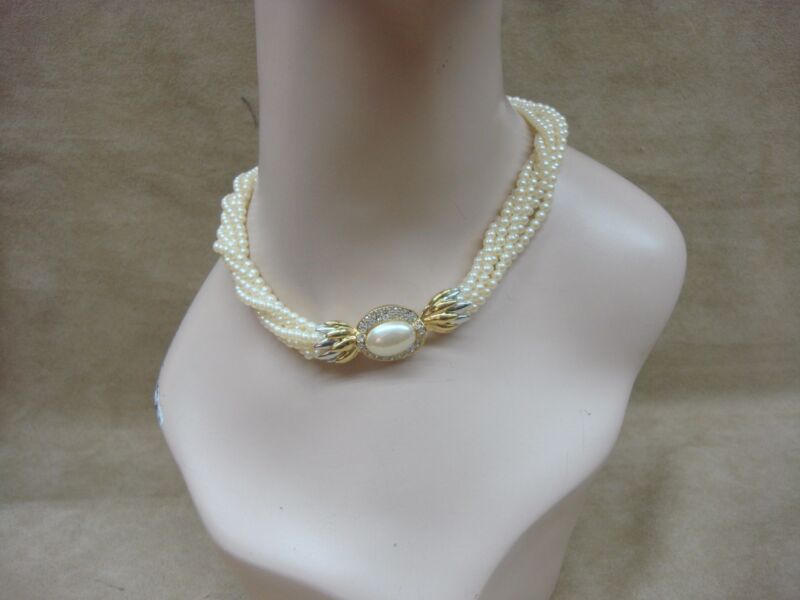 Elegant six-strand faux pearl and rhinestone choker necklace