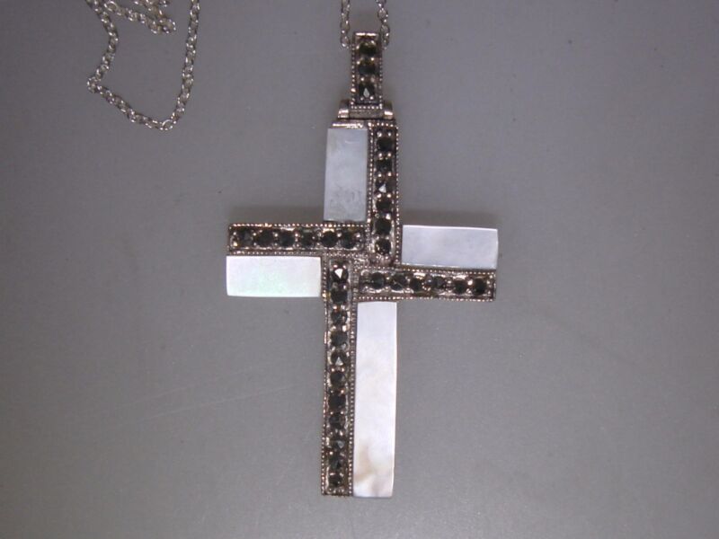 Sterling Silver Mother of Pearl & Marcasite Cross Necklace