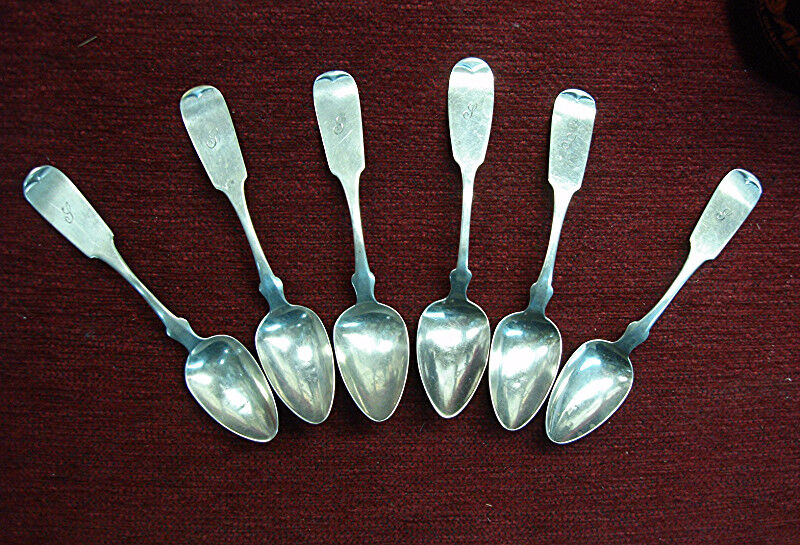Set of six vintage silver teaspoons, monogrammed and dating back to 1830-1890