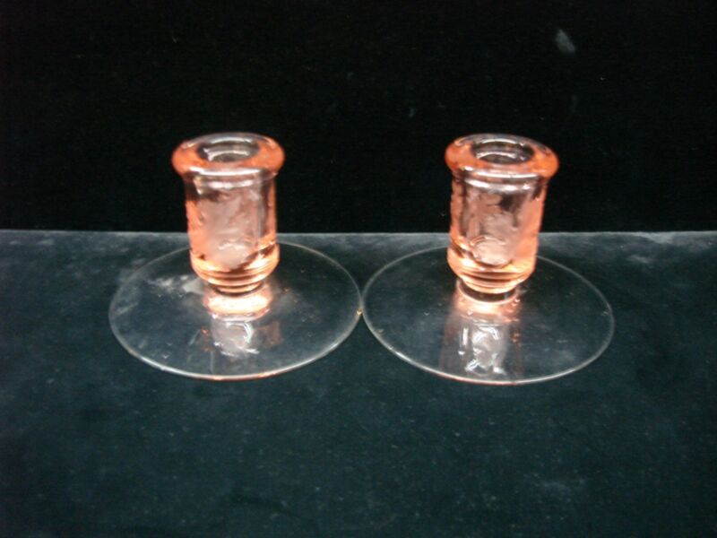 Vintage pair of pink frosted maple leaf depression glass candle holders