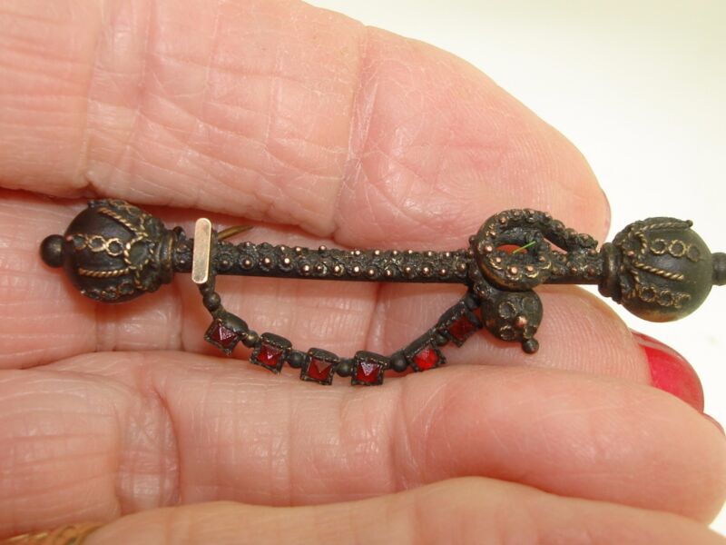 Antique Victorian enamel cannetille double scepter pin with red paste stones