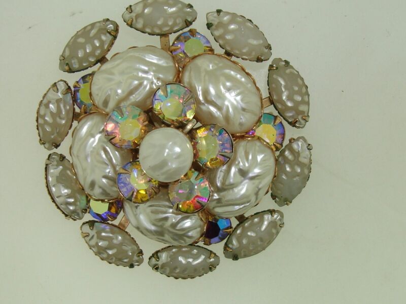 Vintage molded glass and AB rhinestone pin, 1940s-50s