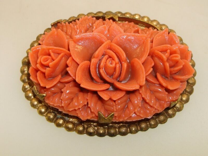 Vintage Art Nouveau coral lucite rose pin and brooch with gold-washed brass frame