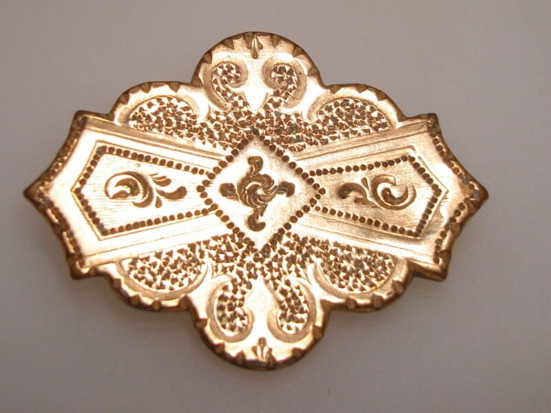 Antique Etruscan gold-washed watch pin with repoussé enamel design and shepherd's hook