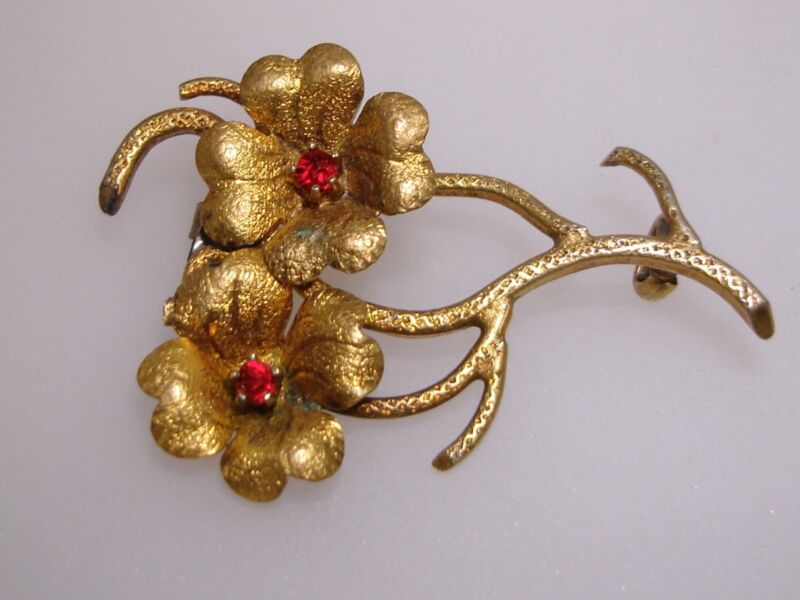 Antique Art Nouveau rhinestone flower brooch, gold wash