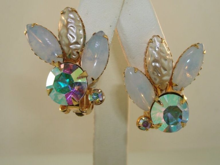 Vintage Beau Jewels iridescent AB rhinestone and opal glass earrings, 1950s-60s