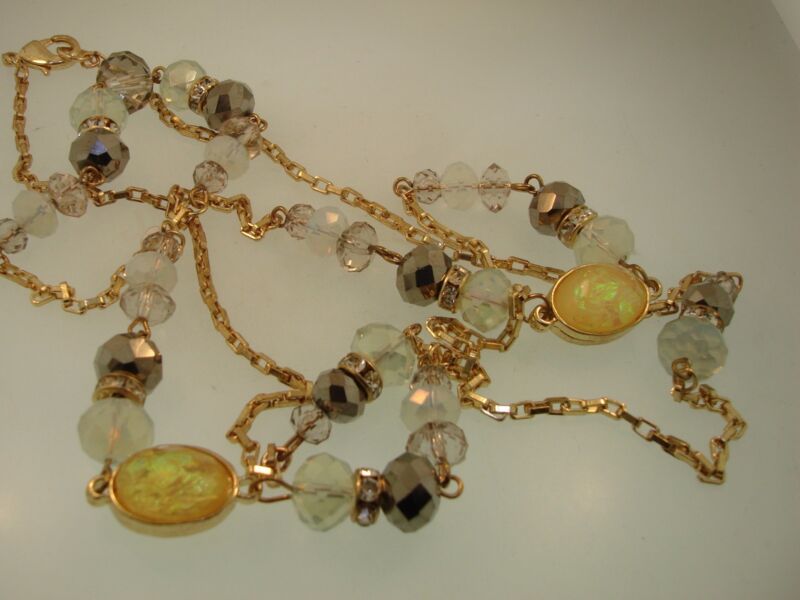 Vintage 1980s foil glass necklace with moonstone, hematite and rhinestones