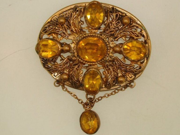 Antique Art Nouveau gold-washed filigree pin brooch with topaz and rhinestone accents