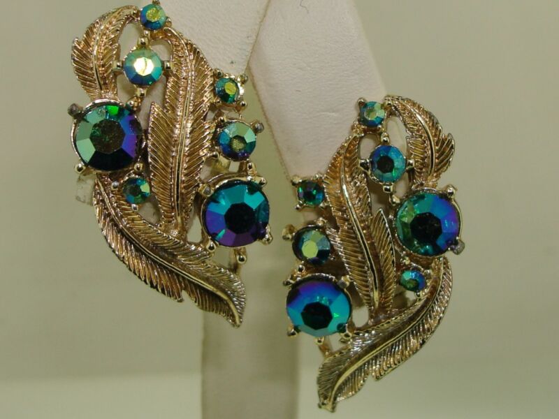 Vintage Coro iridescent blue, green and gold rhinestone fern earrings