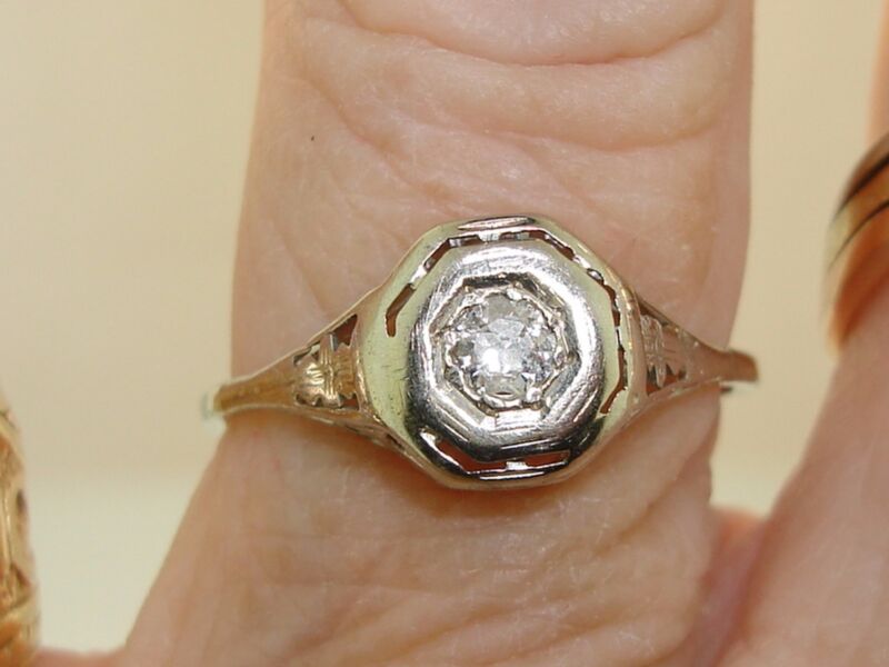 Antique Art Nouveau 14K Gold Filigree Diamond Ring (Size 7)