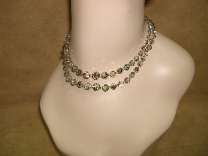 Vintage 1960s iridescent gray AB crystal necklace with graduated beads and adjustable chain