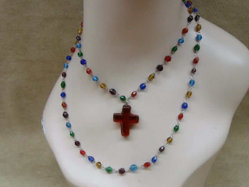 Vintage multi-color glass bicone bead necklace with cross, 1920s-30s