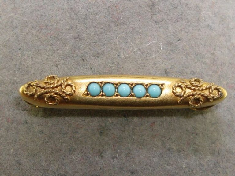 Antique Edwardian gold washed beauty pin with cannetille and turquoise glass beads