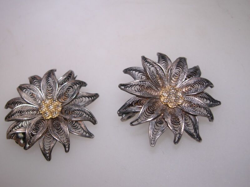 Pair of antique Victorian silver flower pins
