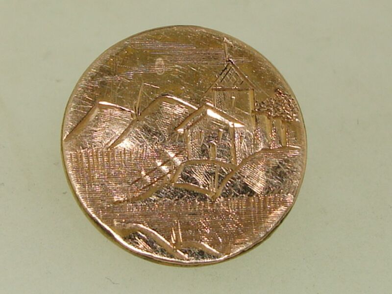 Antique Victorian rose gold collar button with hand-etched landscape scene, dated 1882