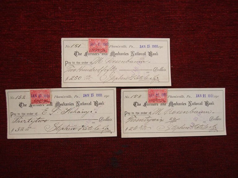 Set of three (3) canceled personal checks from the Farmers & Mechanics National Bank in Phoenixville, Pennsylvania, dating back to January 1901.