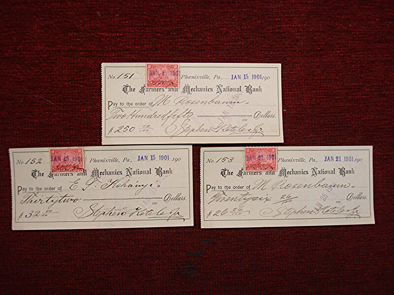 Set of three (3) canceled personal checks from the Farmers & Mechanics National Bank in Phoenixville, Pennsylvania, dating back to January 1901.