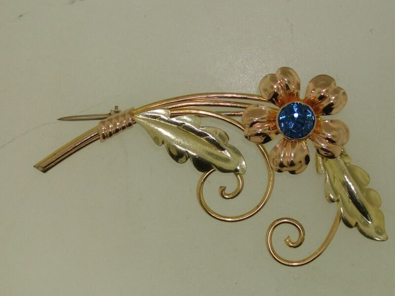 Vintage Van Dell tri-color gold filled flower pin with blue rhinestone and sterling silver