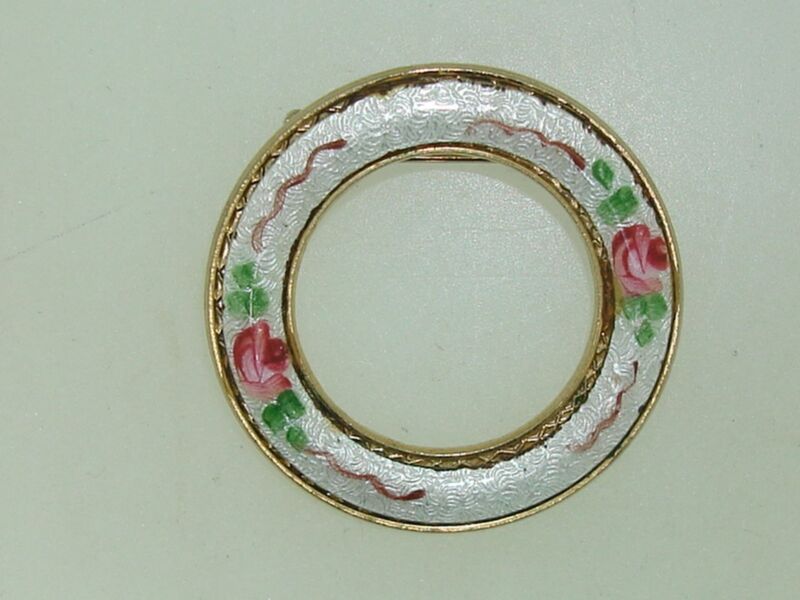 Vintage cloisonne enamel rose pin with pink and green floral design