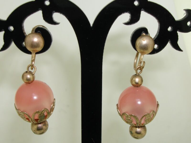 Vintage pink moonstone filigree dangle earrings from the 1940s or 1950s