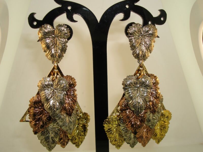 Large dangle leaf earrings in silver, copper, and gold-tone metal