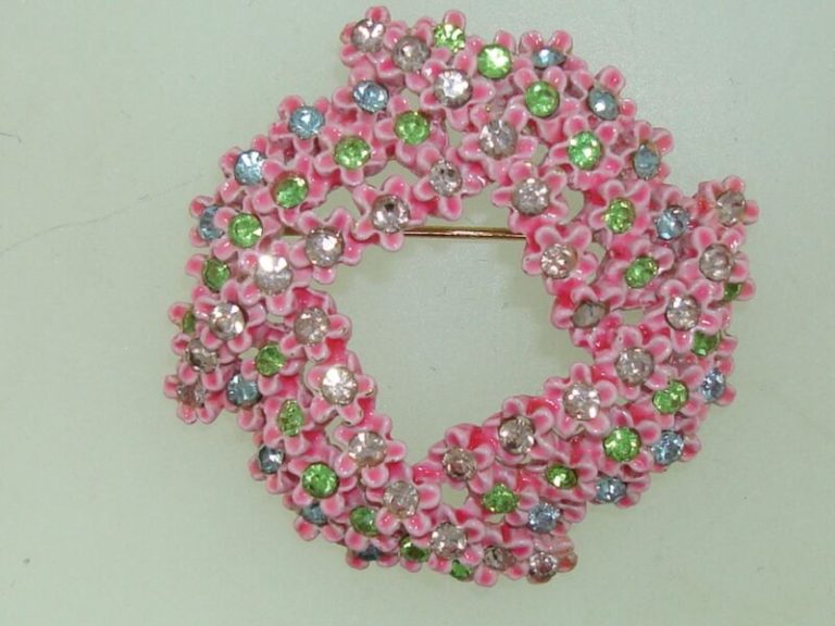 Vintage pink enamel forget-me-not pin with rhinestones, signed ART