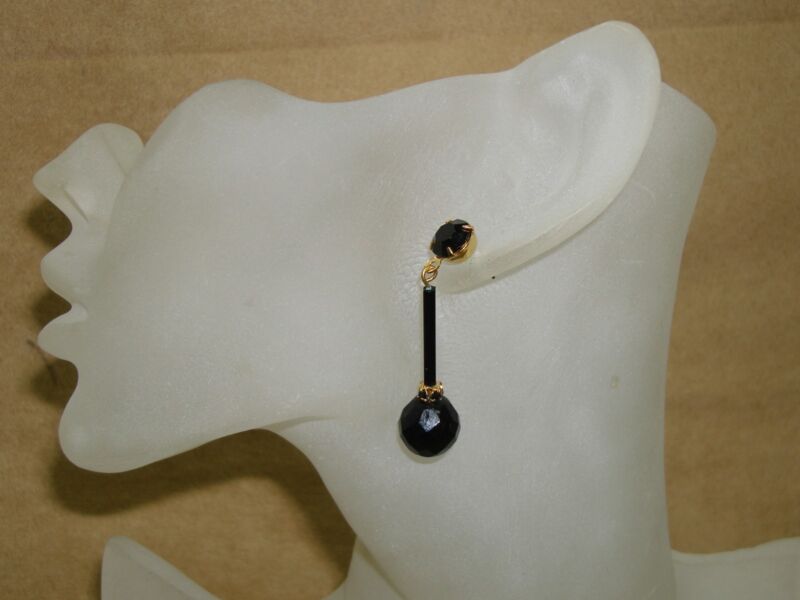 Vintage 1970s black glass bead dangle earrings, gold tone