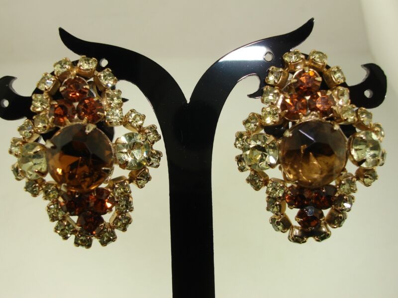 Vintage amber and green rhinestone clip-on earrings, 1960s-70s gold tone
