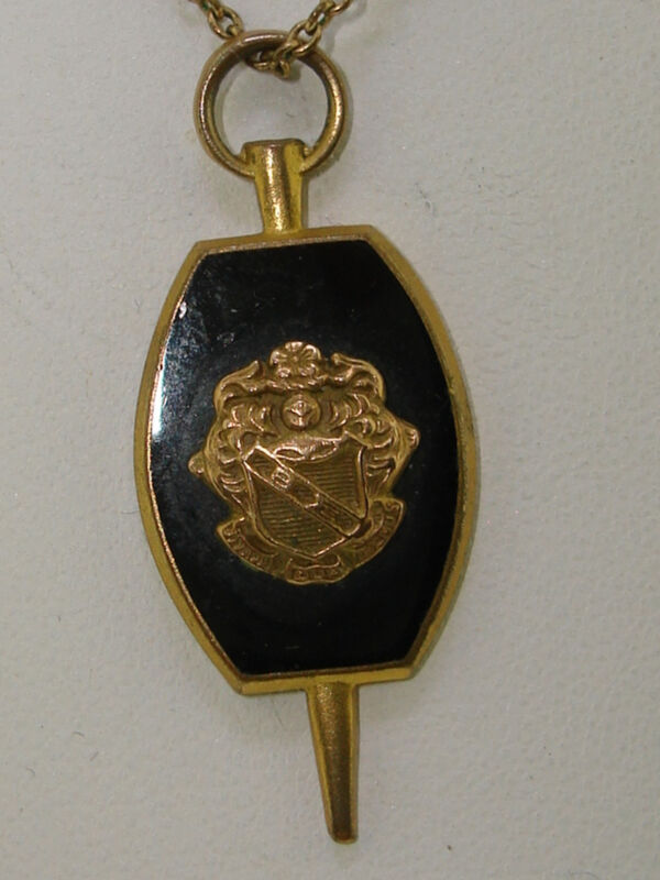 Vintage 1937 Beta Epsilon key pendant necklace with gold-filled metal and black onyx