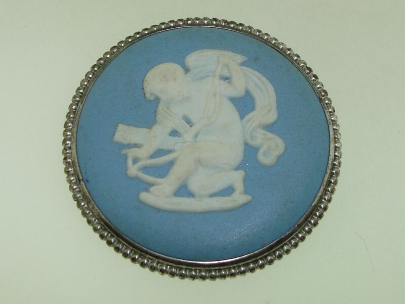 Vintage Wedgewood England Blue Jasper Cherub Pin - Hallmarked Silver