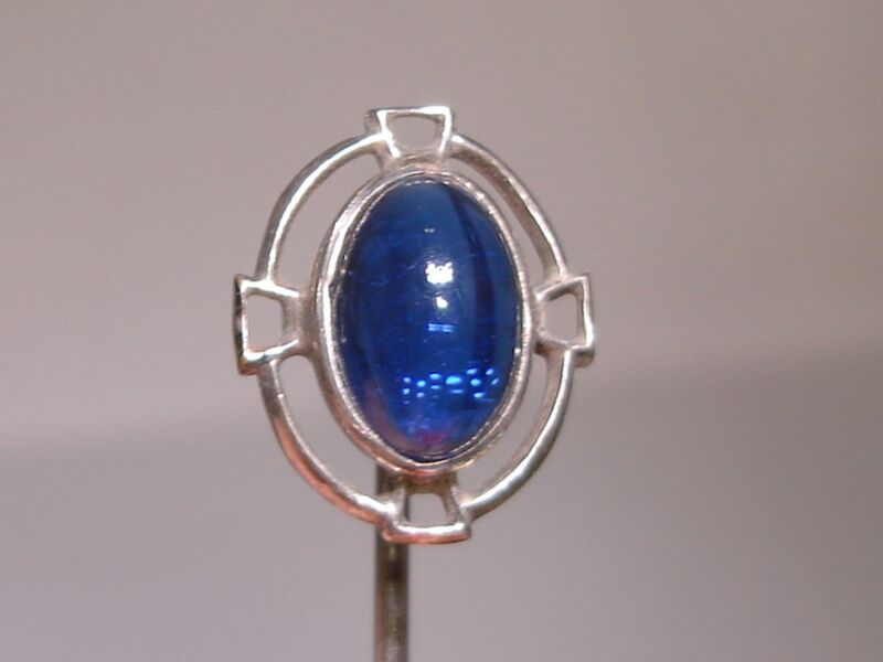 Art Deco blue glass stick pin, vintage silver antique cabochon brooch