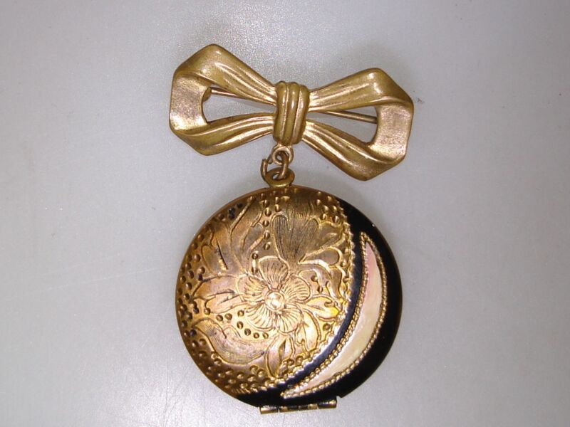 Art Deco etched floral locket pin with enamel moon design