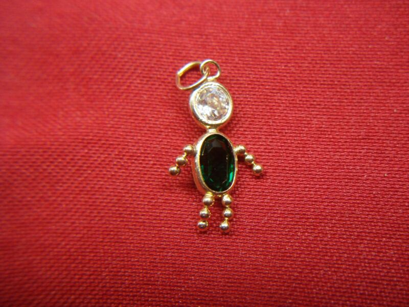 14K yellow gold May boy charm with moving arms and legs, simulated gemstones