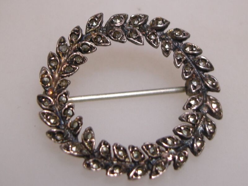 Antique Art Deco Sterling Silver Marcasite Mourning Pin