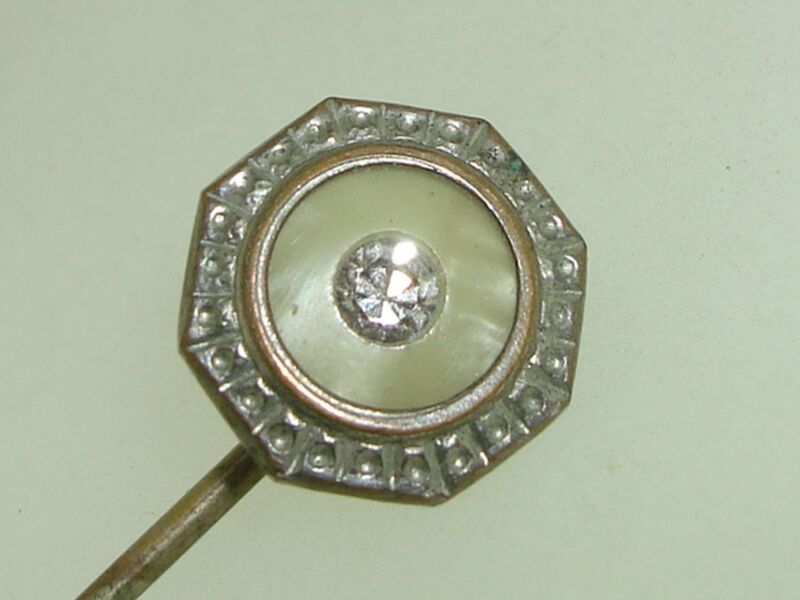 Art Deco Celluloid Stick Pin - Vintage Silver & Brilliant Stone