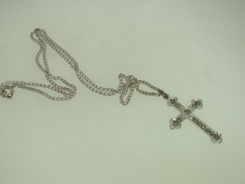 Vintage ornate sterling silver and marcasite cross necklace