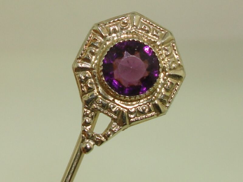 Vintage Egyptian Motif Stick Pin | 14K White Gold, Faux Amethyst