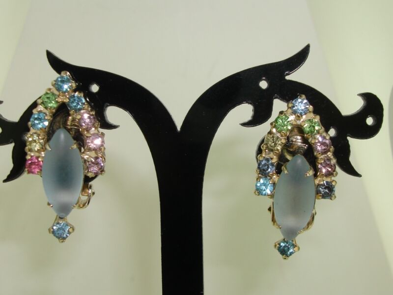 Vintage 1950s-60s Pastel Rhinestone & Frosted Glass Clip-On Earrings