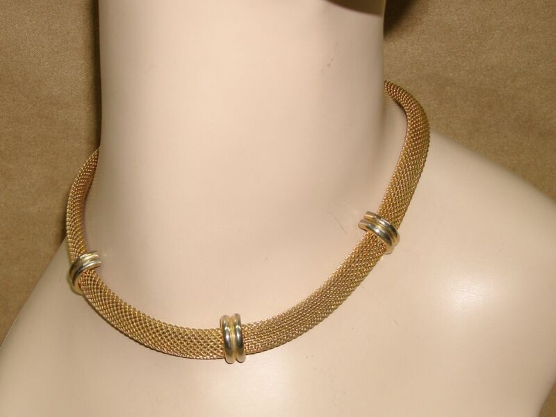 Vintage 1940s-50s gold tone mesh choker necklace, wide statement piece